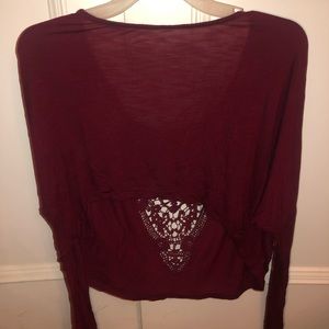 LF BURGUNDY LONG SLEEVE TOP WITH BEAUTIFUL LACE ON THE BACK
